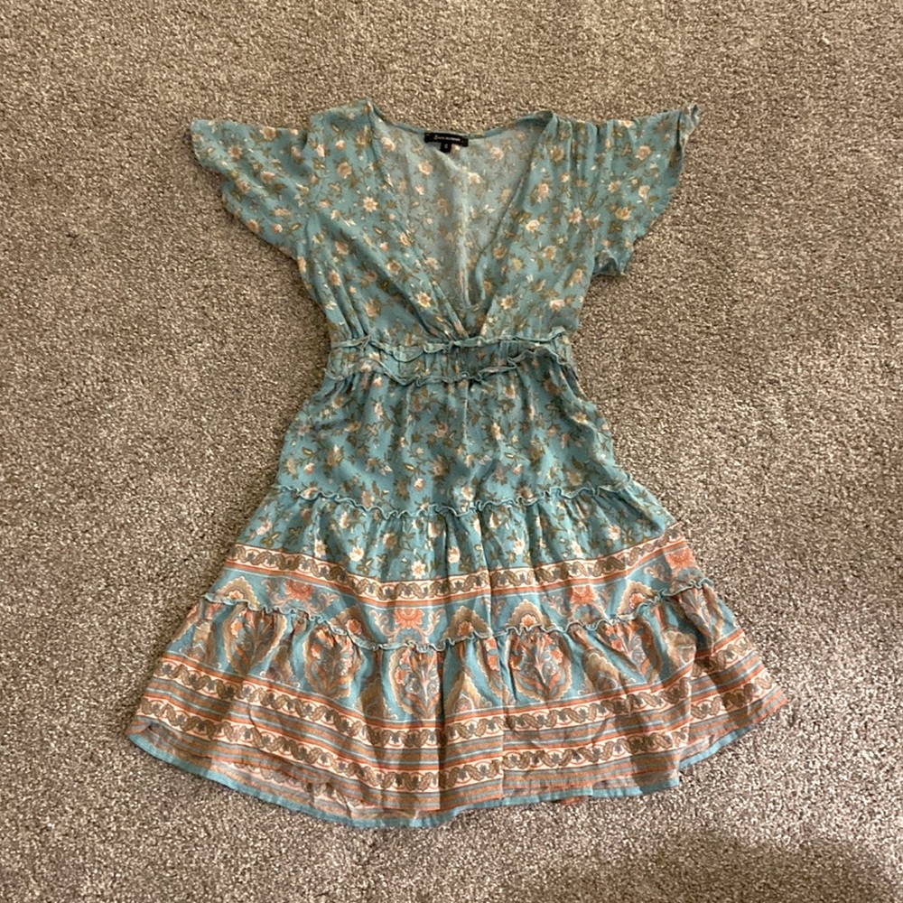 Jjwm Wowan dress, Boho, floral, teal, V-neck line, Mid-length dress, Size small